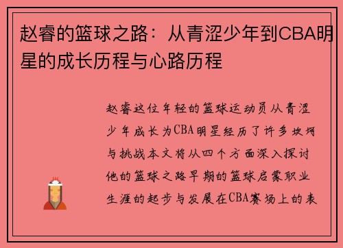 赵睿的篮球之路：从青涩少年到CBA明星的成长历程与心路历程